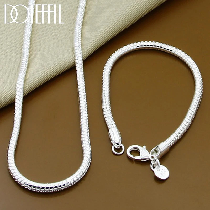 DOTEFFIL Silver Color 16/18/20/22/24/26/30 Inch Snake Chain Bracelet Necklace Sets For Women Man Fashion Charm Jewelry