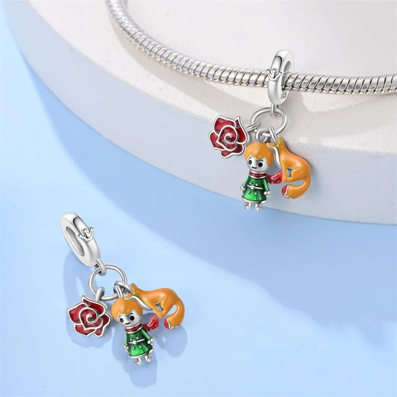 New 925 Silver Color Fox Rabbit Rose Castle Fairy Tale Charms Beads Fit Pandora 925 Original Bracelets DIY Jewelry Birthday Gift