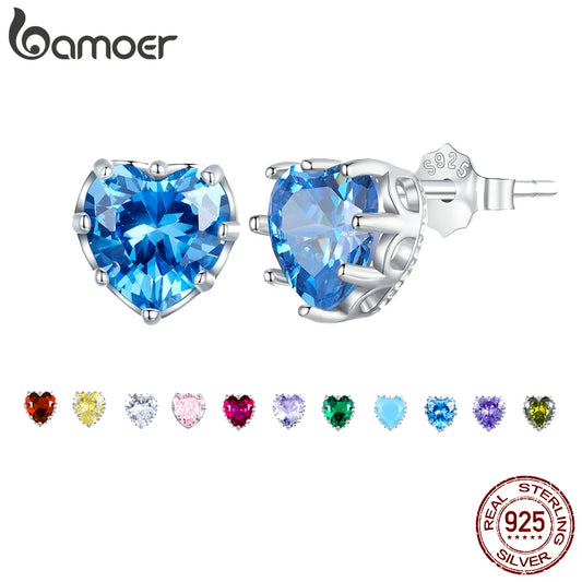 BAMOER Authentic Sterling Silver Heart Birthstone Stud Earrings 6mm 0.84 Carat Earrings Women Birthday Jewelry (with Gift Box)