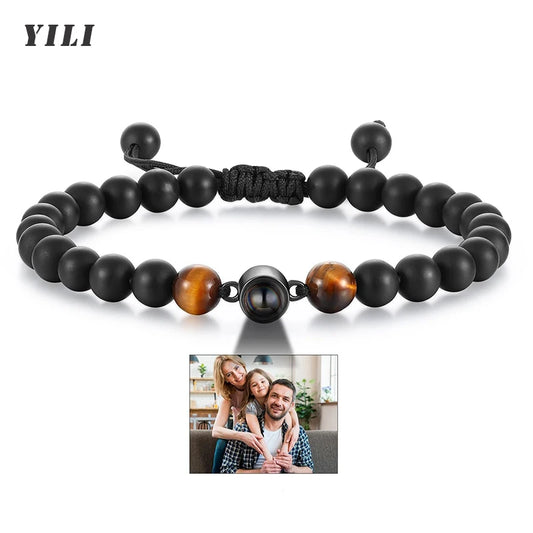 Black Matte Tiger Eye Beads Bracelets Personalized Photo Projection Bracelet Custom Bracelets with Picture Personalized Gifts