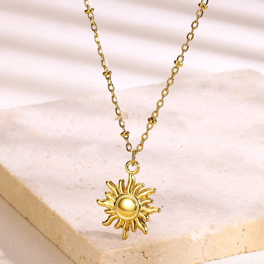 Stainless Steel Necklace Plated Gold Color Ethnic Sun Totem Pendent Necklaces For Charm Women Birthday Party Fashion Jewelry